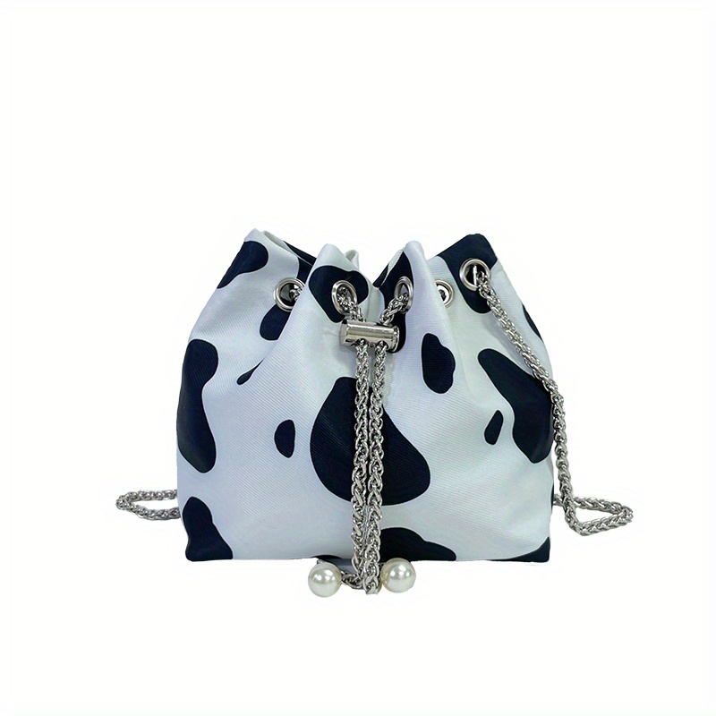 Cow Print Canvas Bucket Bag, Mini Chain Crossbody Bag, Fashion