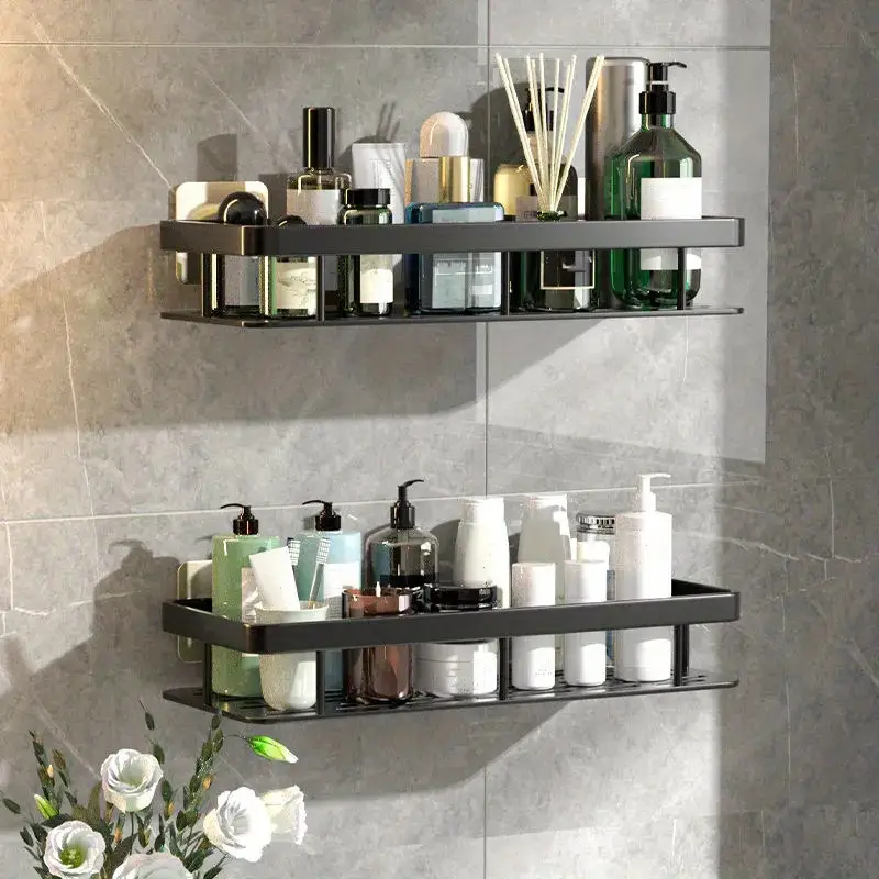 1pc No-drilling Storage Rack For Bathroom, Adhesive Wall-mounted Shower Gel  & Shampoo Holder, Can Be Used In Living Room, Black/white