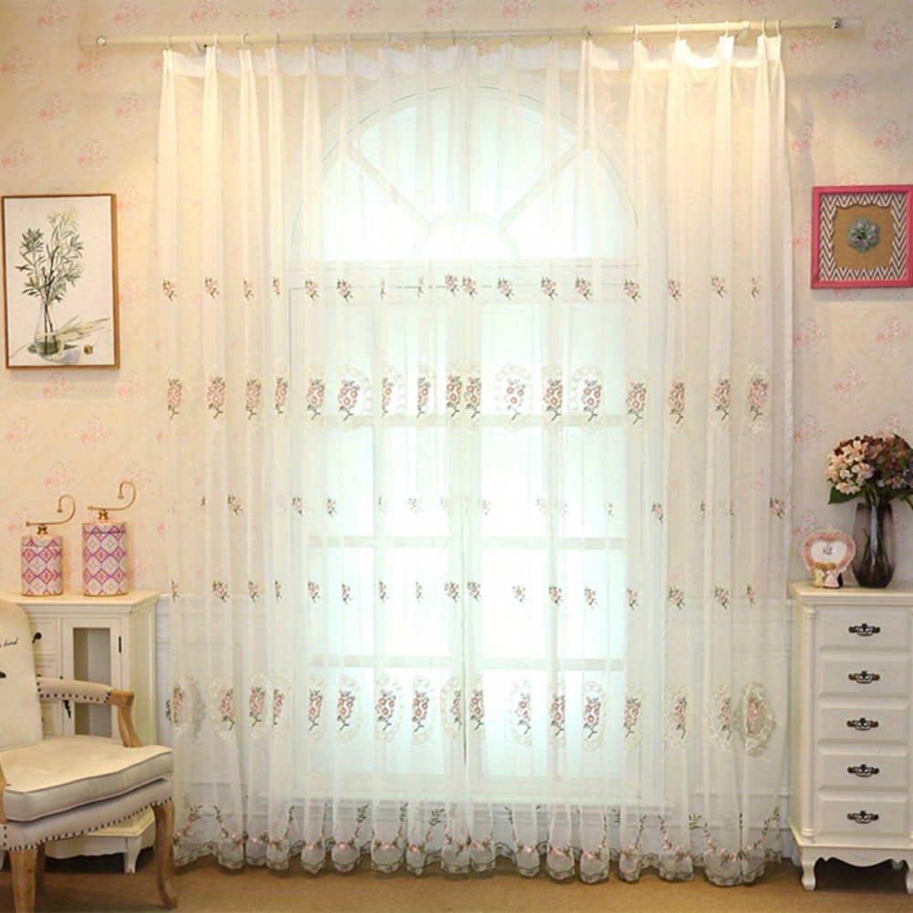 1pc pink lace sheer curtains embroidered window treatment   curtain drapes decorative floral   romantic tulle yarn curtains for living room details 6