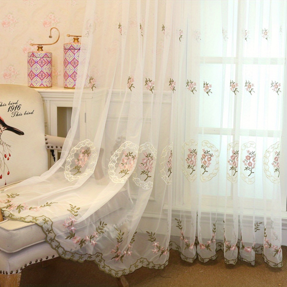 1pc pink lace sheer curtains embroidered window treatment   curtain drapes decorative floral   romantic tulle yarn curtains for living room details 0