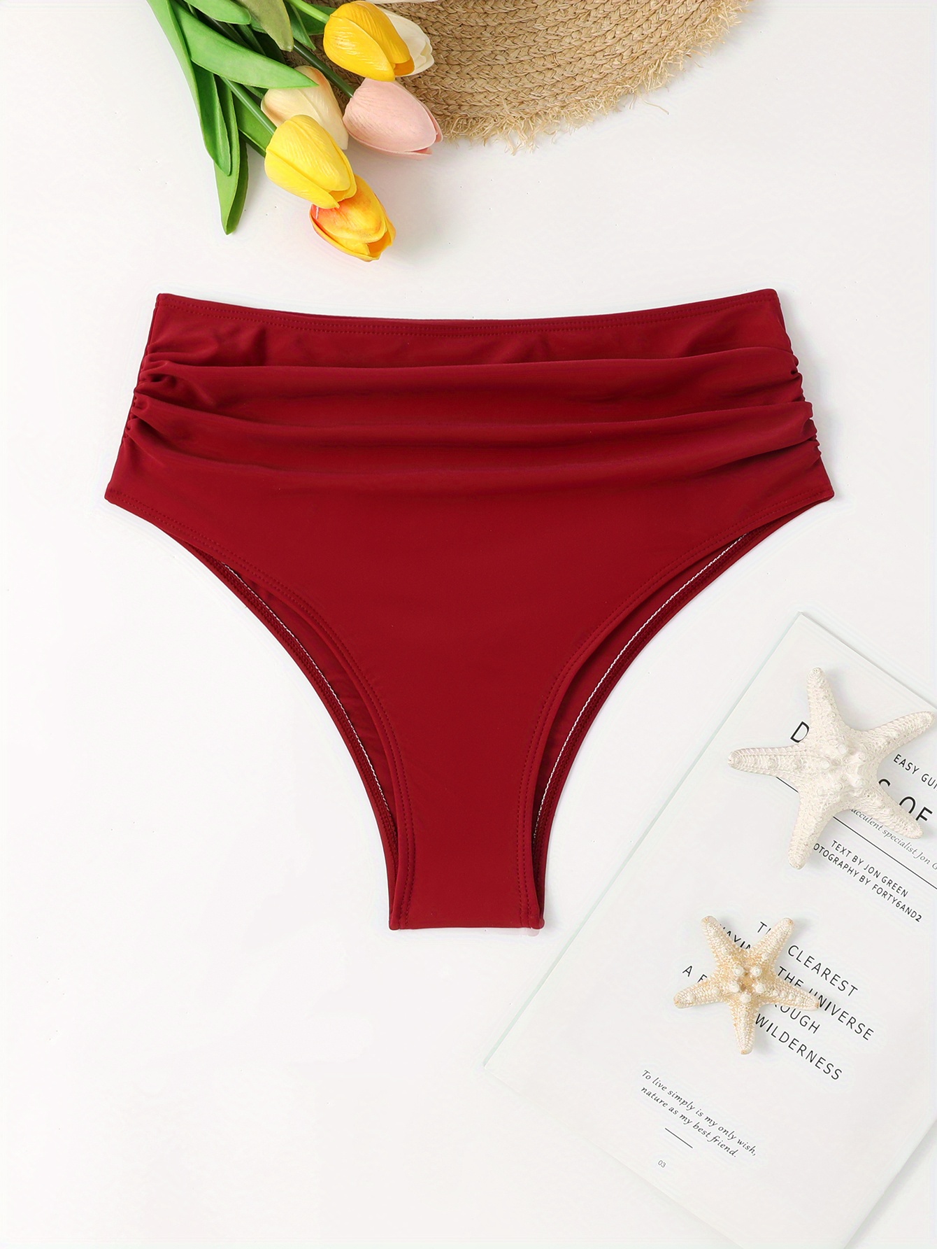 Burgundy Red Ruched High Waist Bikini Bottoms Tummy Control - Temu Canada