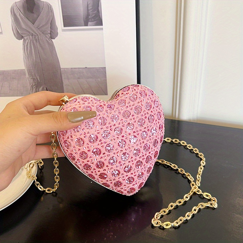 Pink Glitter Heart Shaped Crossbody Chain bag Cute Clutch Purses