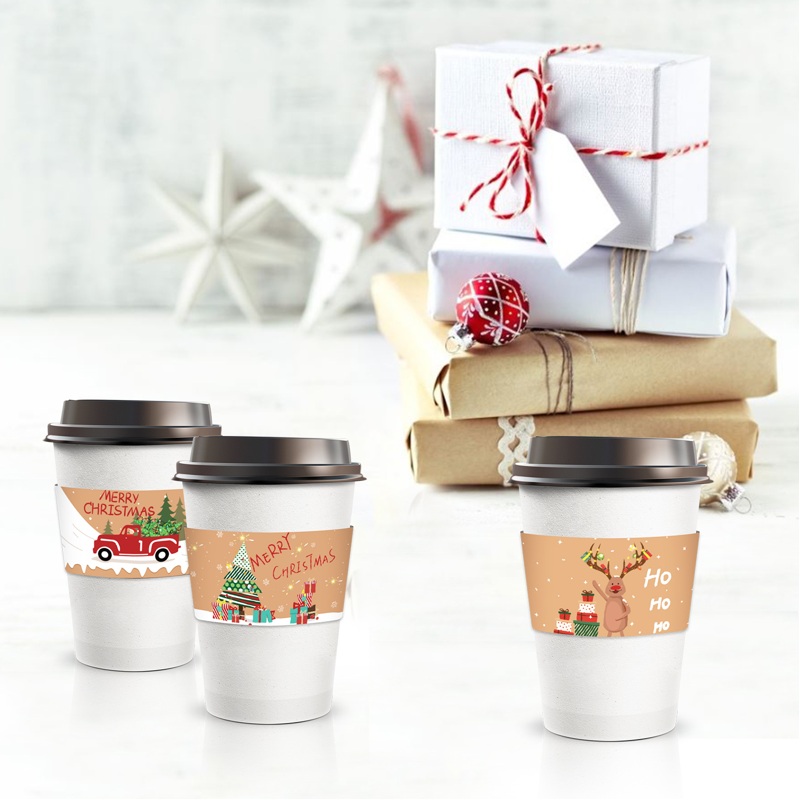 24pcs 16 oz 6 Designs Christmas Disposable Paper Cups with Cup Sleeves and Lids