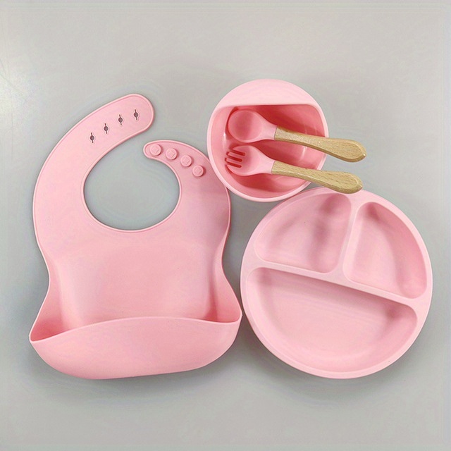 5pcs set   feeding utensil set   weaning supplies boy and girl silicone utensils with silicone bib toddler bowl suction divided baby plate spoon baby eating supplies baby gift details 0