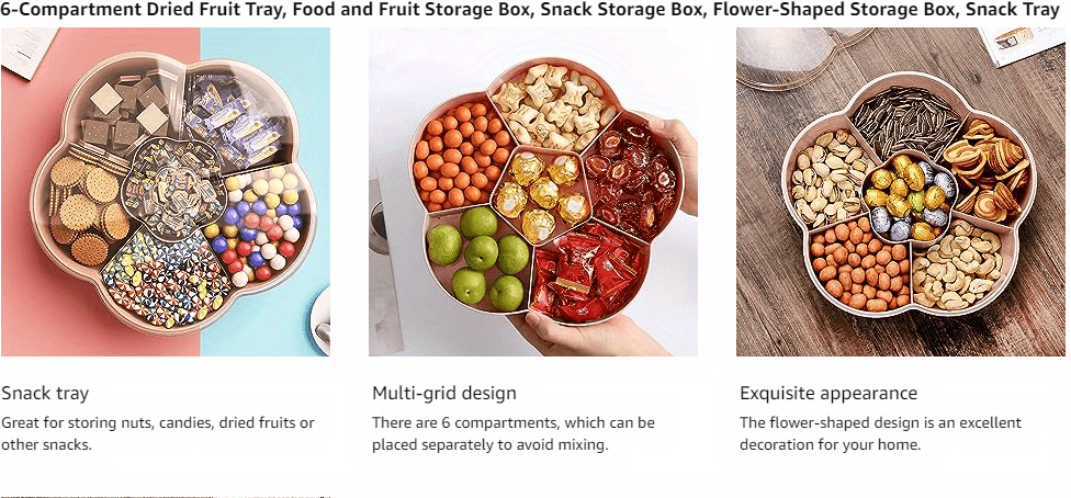 barsku Snack Storage Box Flower Shape Snack Serving Tray Snacks Storage Box  With Lid, Food Fruit Storage Box, Dry Fruit Container with 6 Compartments
