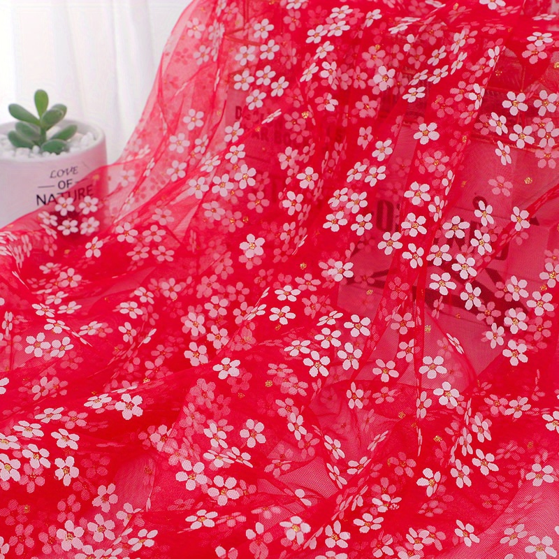 Soft Flowers Print Tulle Mesh Fabric Red White Daisy - Temu