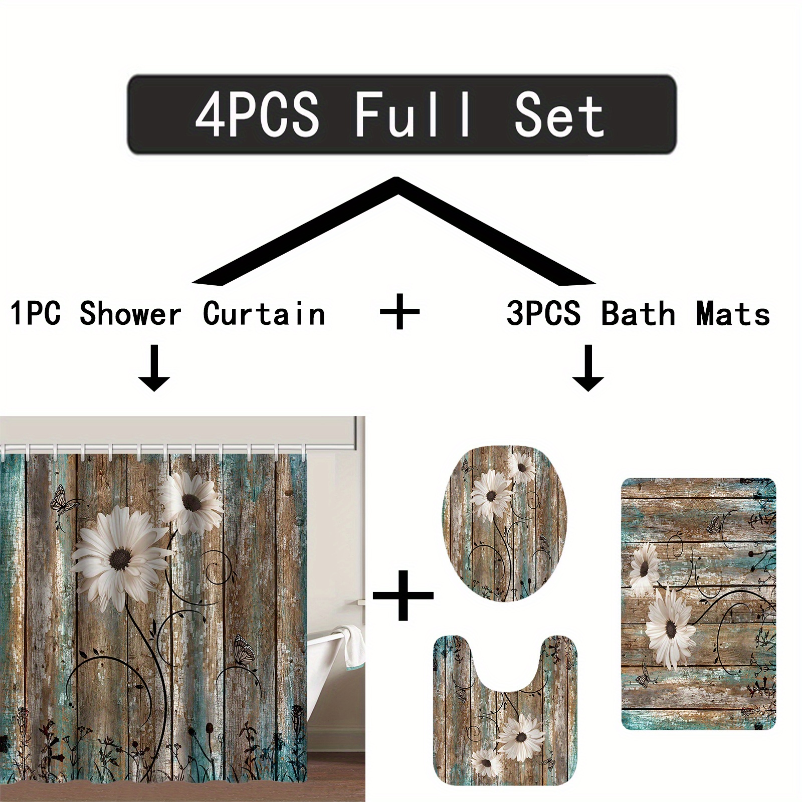 1/4pc Rustic Wooden Pattern Shower Curtain Set, Colorful Wooden Board Print  Waterproof Shower Curtain With Plastic Hooks, Non-Slip Rug, Toilet Lid Mat
