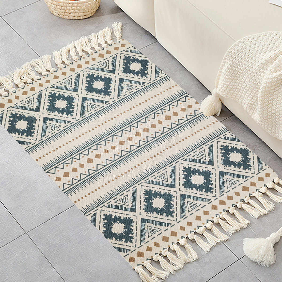 Boho Handwoven Linen Area Rug With Tassels Absorbent Bath Rug
