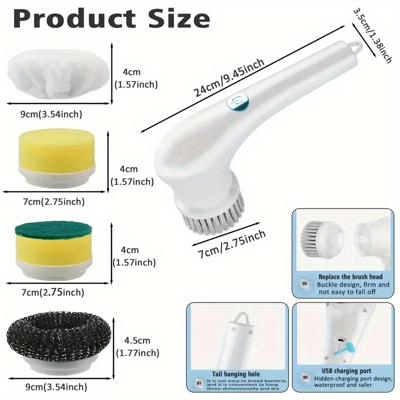 Electric Spin Scrubber With 5 Replacement Brush Heads, Handheld Cordless  Cleaning Scrubber, Scrubbing Brush And Sponge Head, Multifunctional  Rechargeable Spin Brush For Kitchen, Bathroom, Bathtub, Grout Floor, Sink,  Dish, Cleaning Tool - Temu