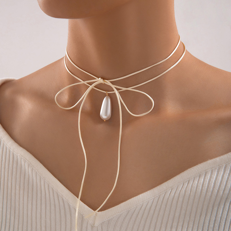 Fashion Tie-strap Solid Color Teardrop Necklace For Women, Elegant Lace-up Braided Evening Necklace