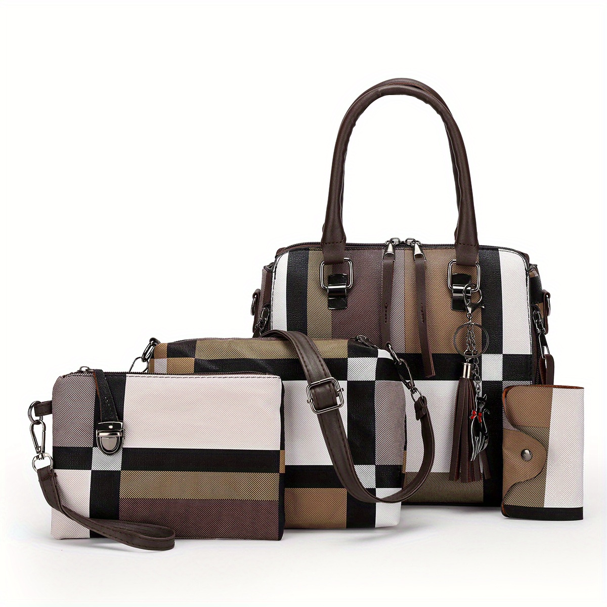 Colorblock Plaid Pattern Handbag Set, Tassel Decor Tote Bag With