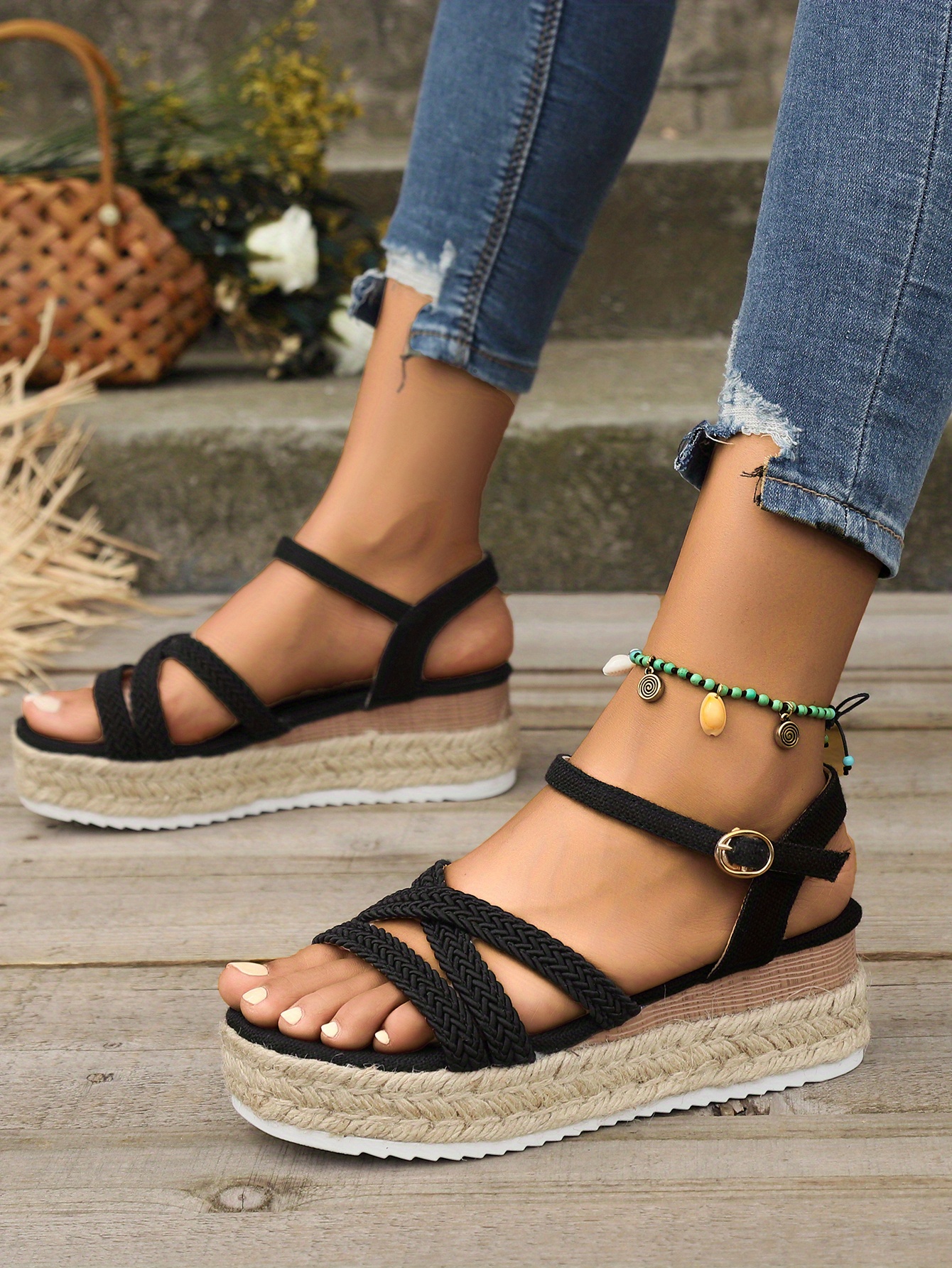 Women's Wedge Espadrille Sandals, Braided Band Open Toe Ankle Strap ...