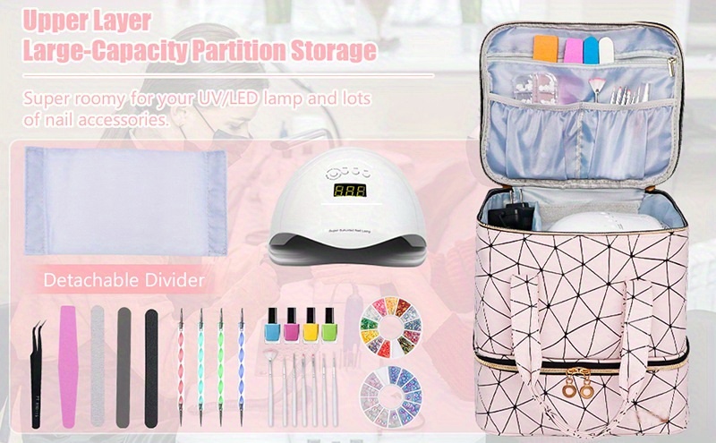 yisinuoo Nail Polish Organizer Bag Double-Layer Portable Nail Supply  Storage with UV Light Storage Hold 30 Bottles Nail Bag Organizer Case for  Nail