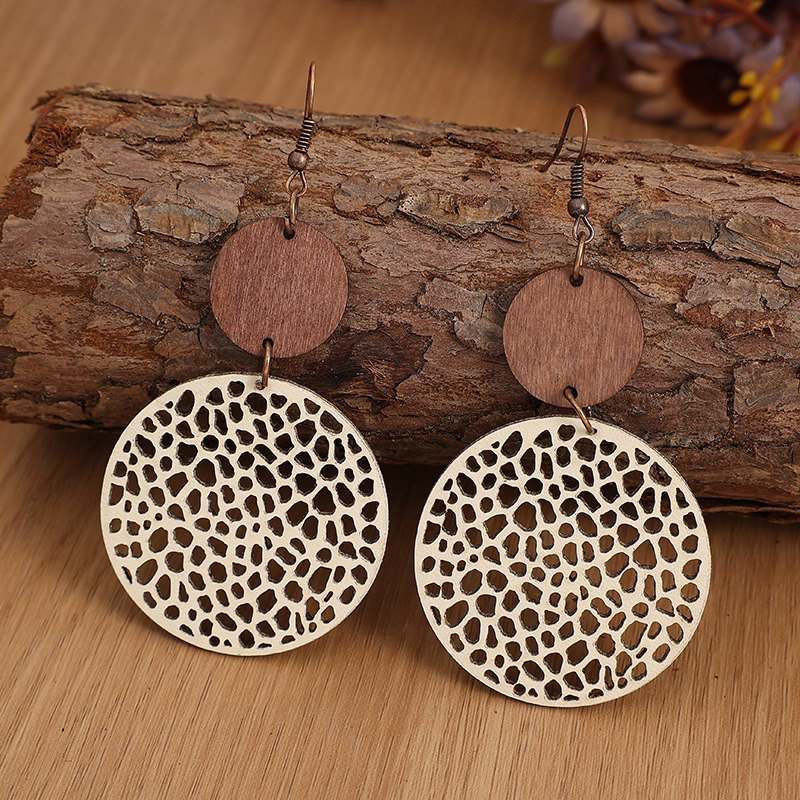 Bohemian Style Wooden Round Disc Earrings