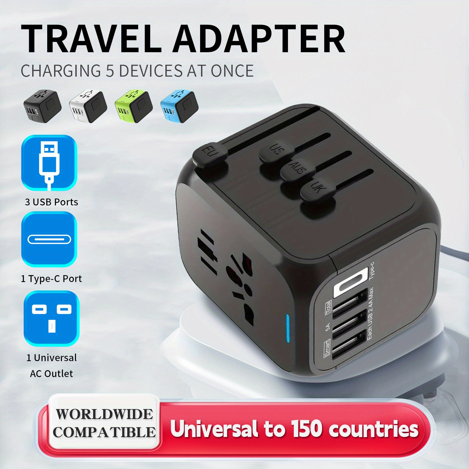 1pc International Universal Travel Adapter, All-in-One Travel Plug Adapter  W/2.4A Type C & 2.4A USB-A Ports & 6A AC Socket Charger For Over 200 Countr