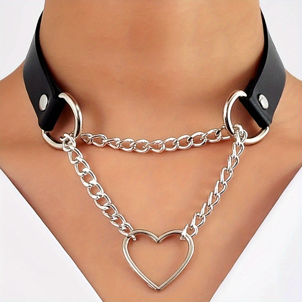 Punk Heart Pendant Leather Choker Collar For Men Women, Punk Silver Color  Chain Harajuku Collars Sexy Jewelry - Temu