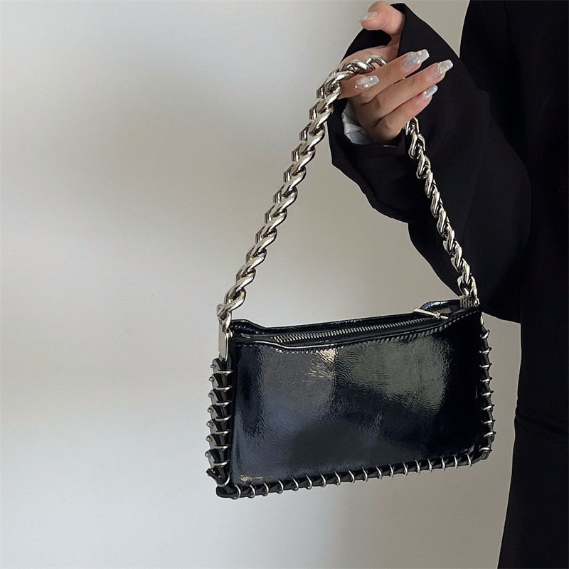 Cool Girls Chain Small Square Shoulder Bag Black Pu Leather Women