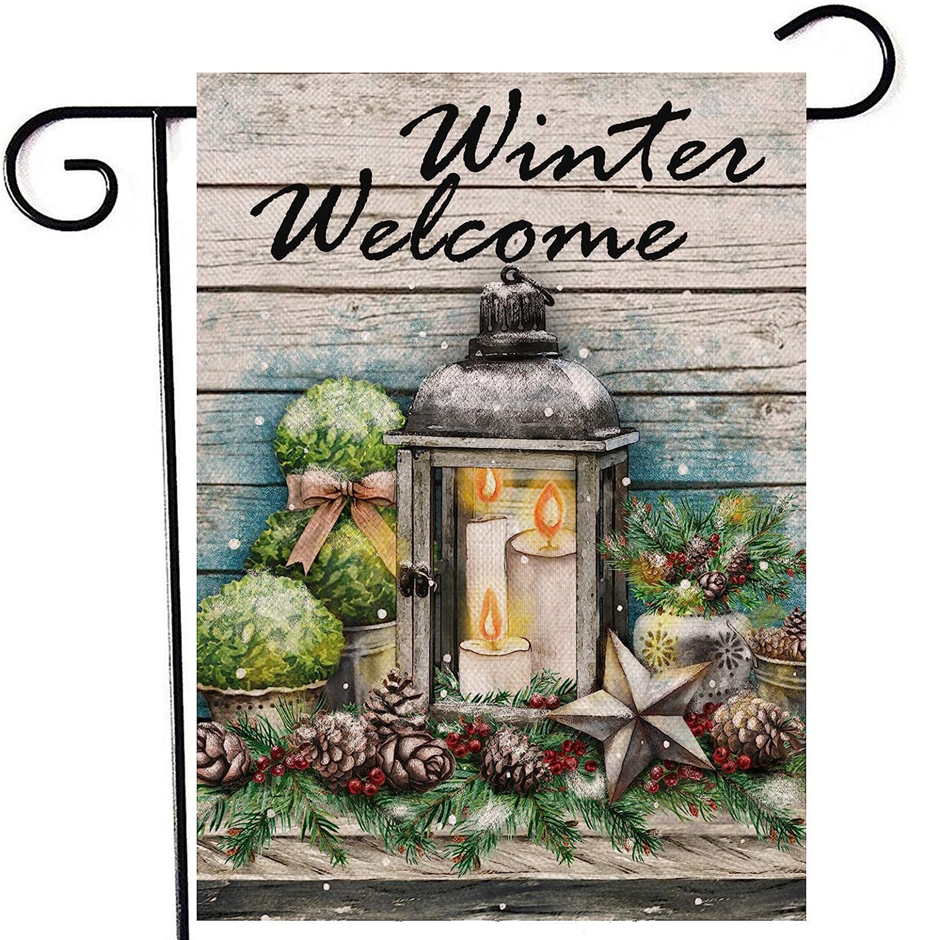 TEMU 1pc, Winter Welcome Decorative Garden Flag, Candle Lantern House Yard Lawn Pine Branches Red Berry Pine Cone Outdoor Decor, Star Potted Plants
