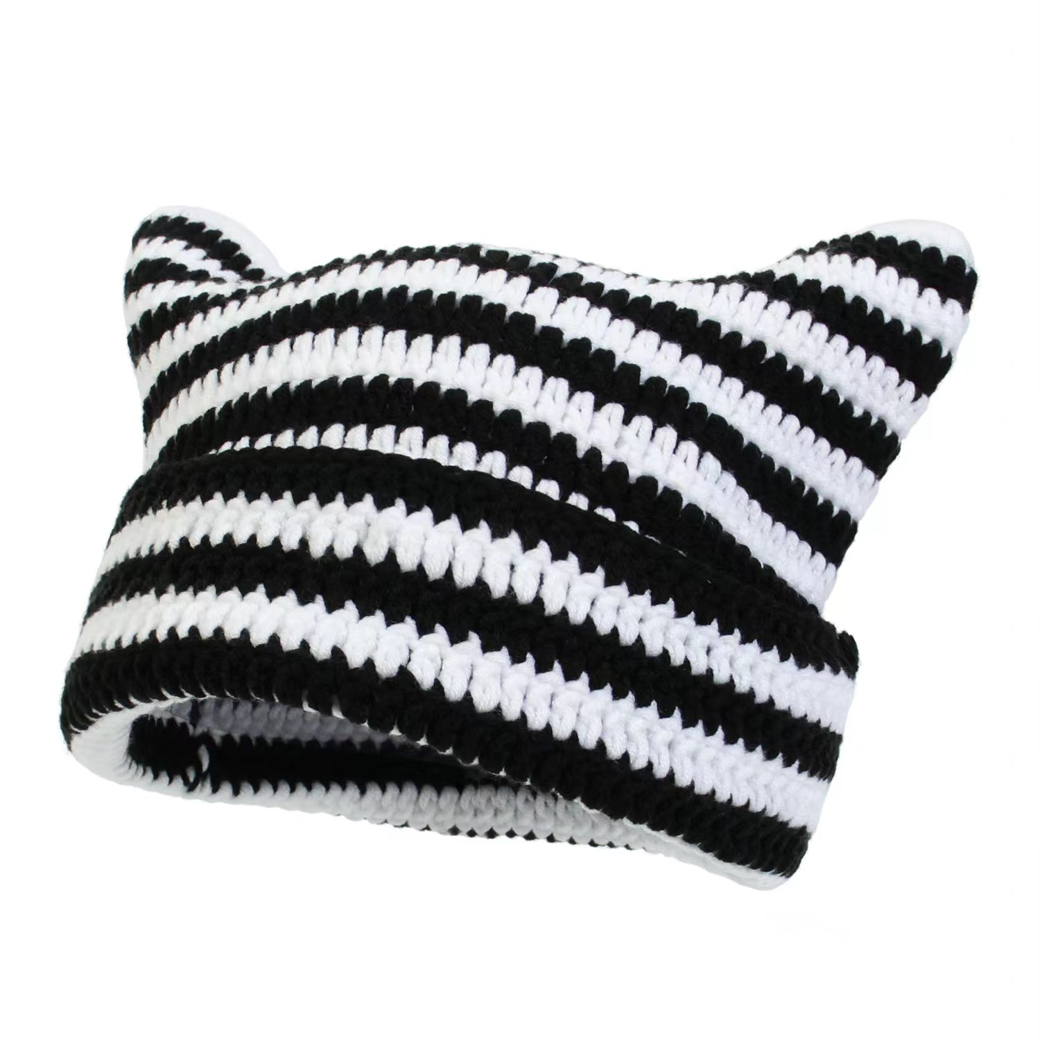 1pc Ear Flap Hat Women Winter Cat Ears Hats Soft Slouchy Striped ...