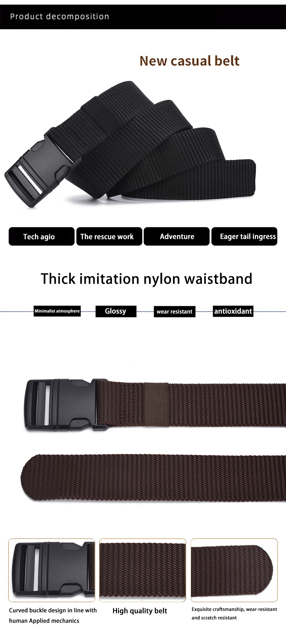 Black Casual 1pc Belt, Men's Imitation Nylon Belt Canvas Without Metal Plastic Buckle Outdoor Sports Woven Colors Work Belt,Temu