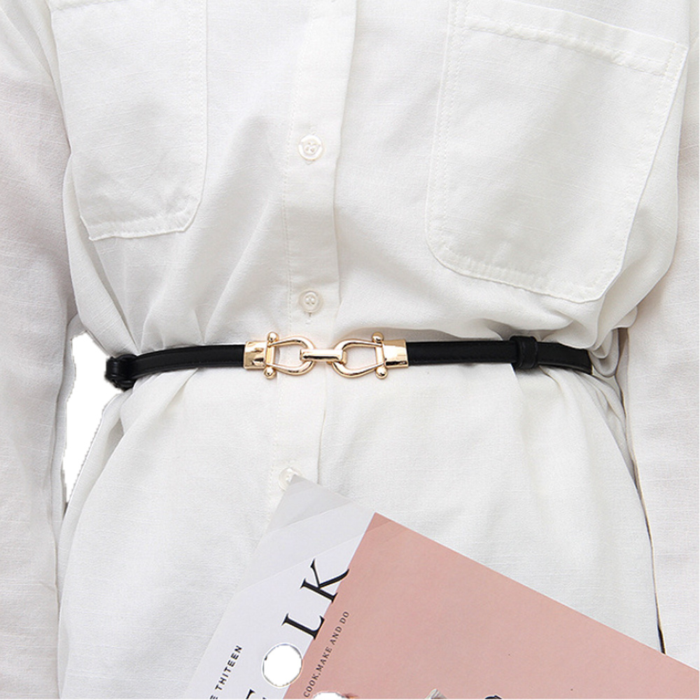 Women Dress Skinny Patent Leather Belts Thin Waist Belt Gold Solid Color  Buckle