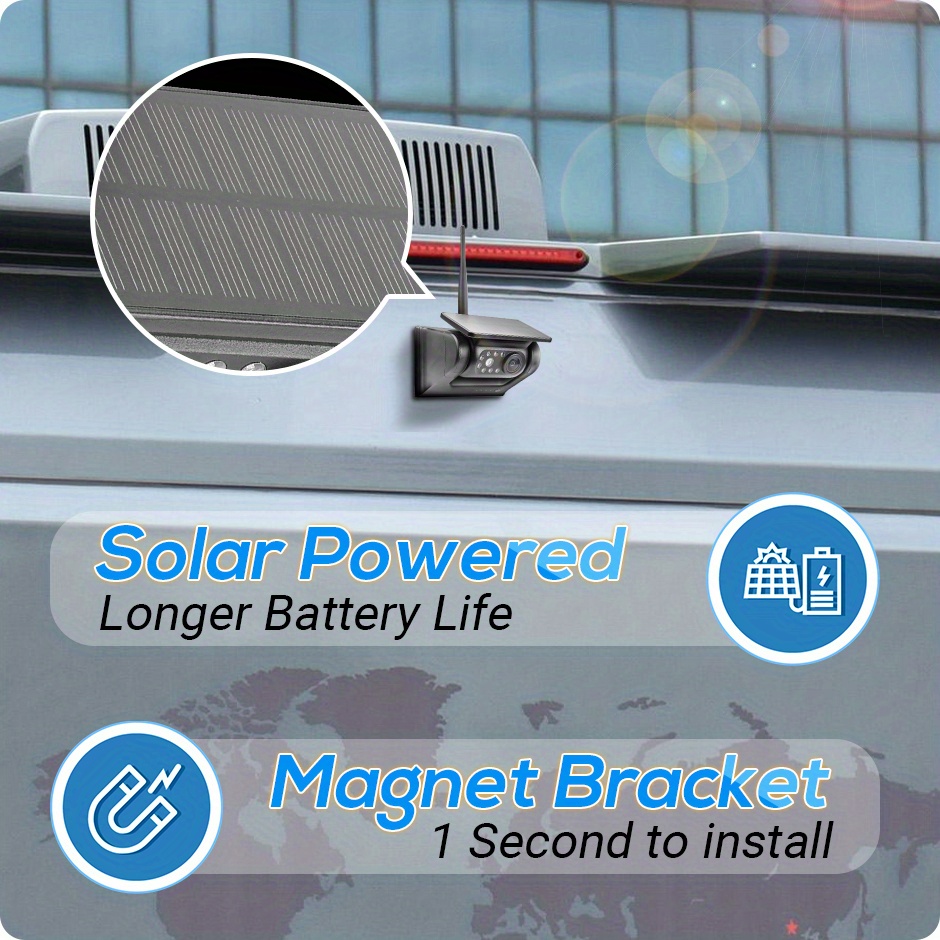 Solar Powered Magnet Rear View Camera Ips Monitor Wireless Kit For Rv Truck  Car Big Vehicle Hd Backup Camera Rechargeable Battery - Temu