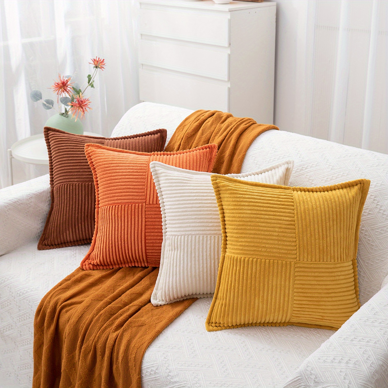 Soft Corduroy Corn Striped Velvet Series Decorative Throw Pillow, 18 inch x 18 inch, Orange, 2 Pack