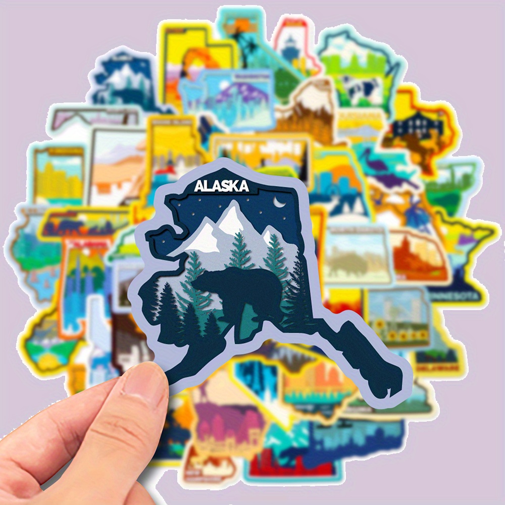 50pcs Vibrant Alaska & United States Stickers Pack - Durable Pvc, Colorful State-themed Decals For Laptops, Water Bottles, Skateboards, Luggage & Motorcycles