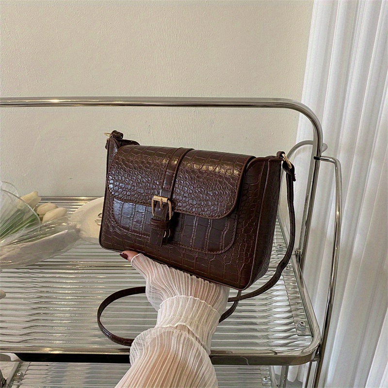 Small Square Bag Coffee Brown Crocodile Embossed PU