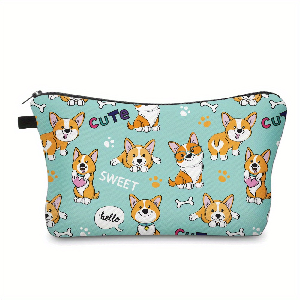 Cutie Corgi 3d Print Makeup Bag - Mint Green Polyester Cosmetic Pouch With Corgi Illustrations, Portable Travel Organizer & Gift For Dog Lovers, Small Makeup Bag