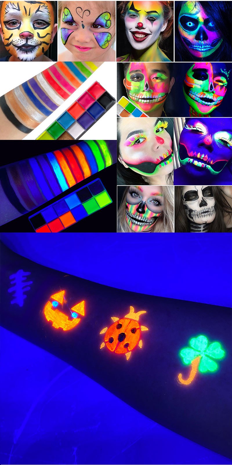 Go Ho Neon Face Paint,Glow in the Dark Body Paint 8 Colors UV Palette,Water  Actived Face Painting Kit for Halloween SF Makeup,Environmentally  Friendly,Odorless,with Professional Brush : Buy Online at Best Price in