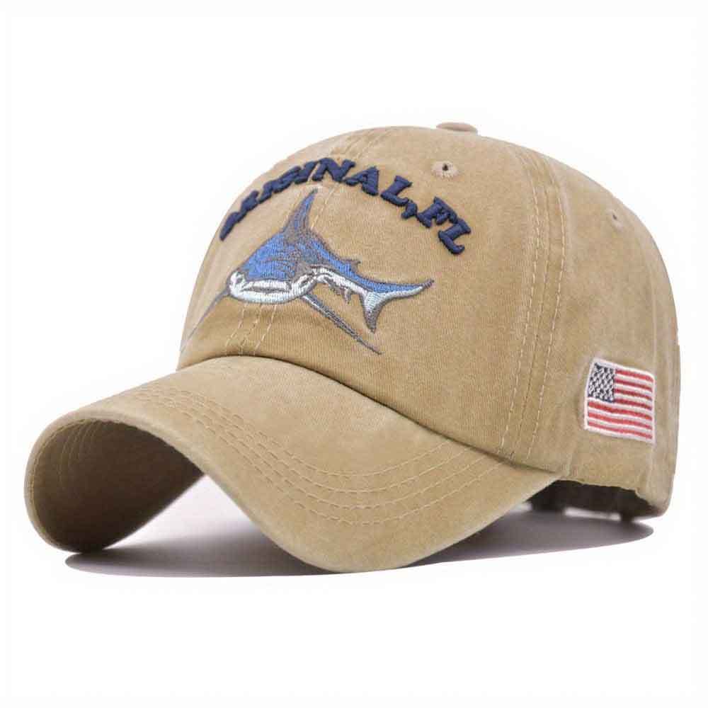Distressed Shark Embroidery Baseball Cap Vintage Sun Hat