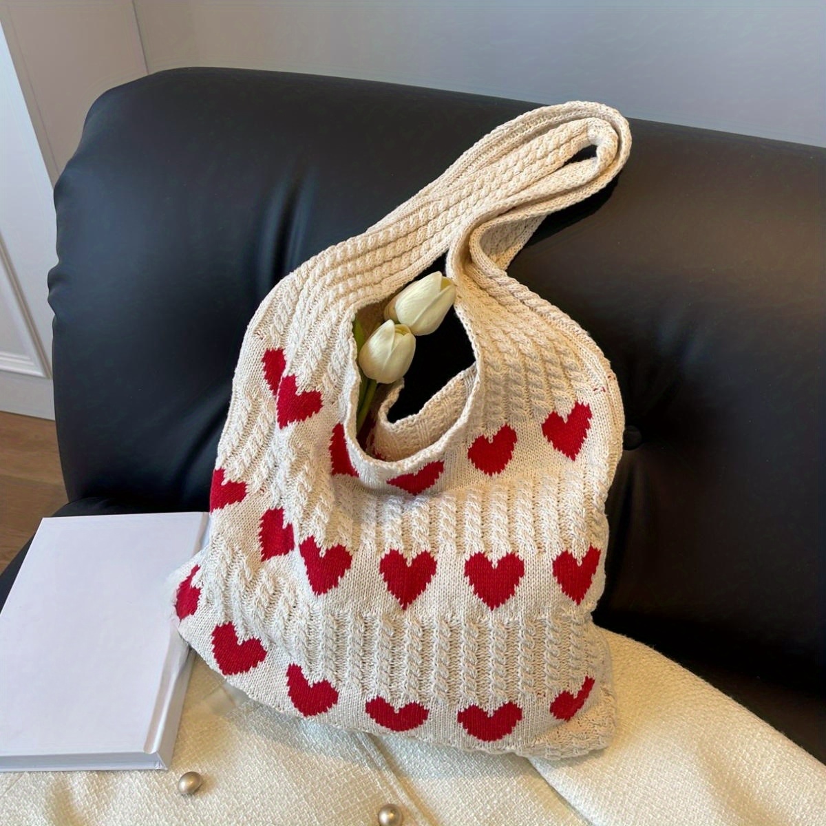 Large Capacity Knitted Hobo Bag, Cute Heart Pattern Tote Bag