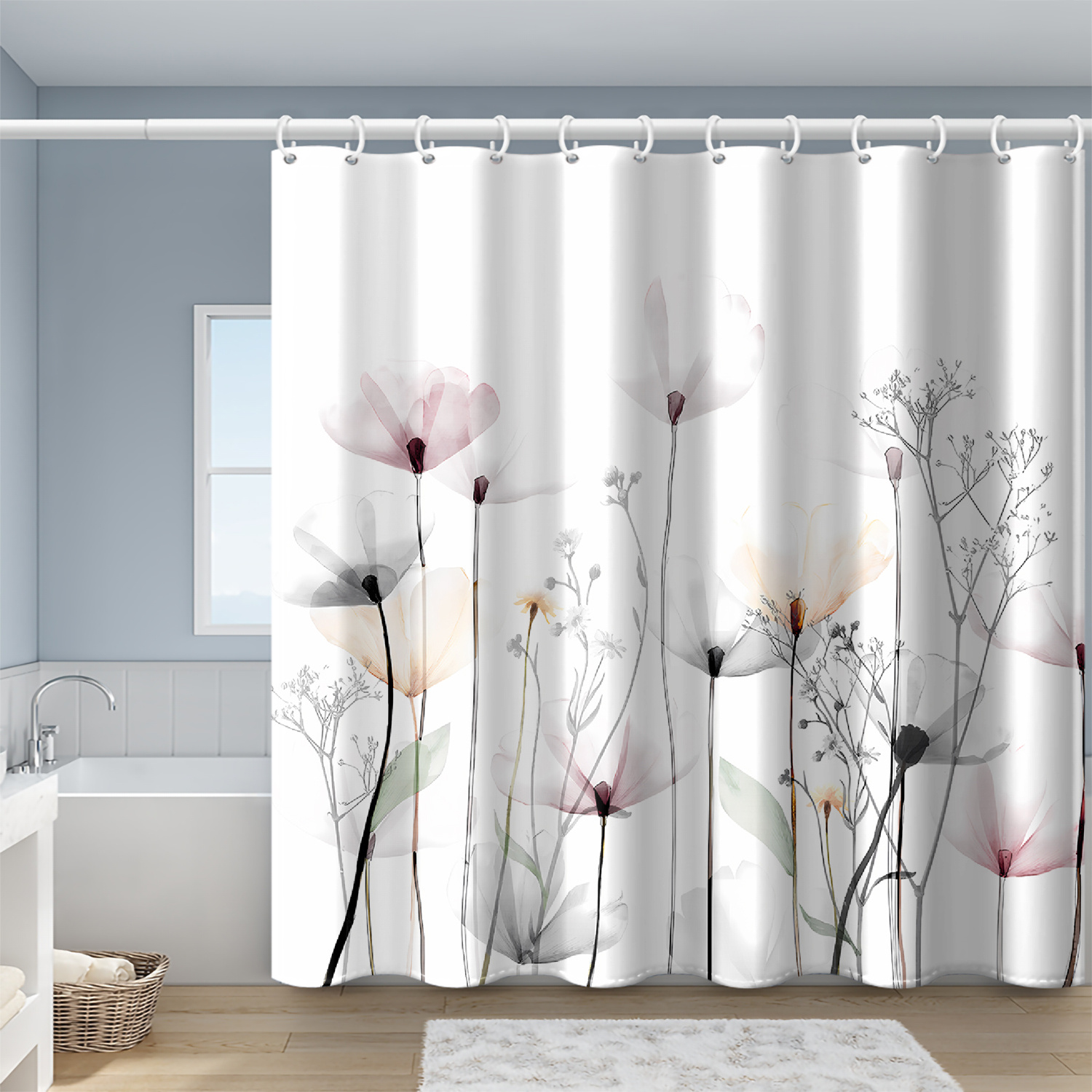 Cortina de ducha blanca para decoración de baño, cortina blanca floral  moderna para baño, cortina de ducha de poliéster impermeable con ganchos,  72 x