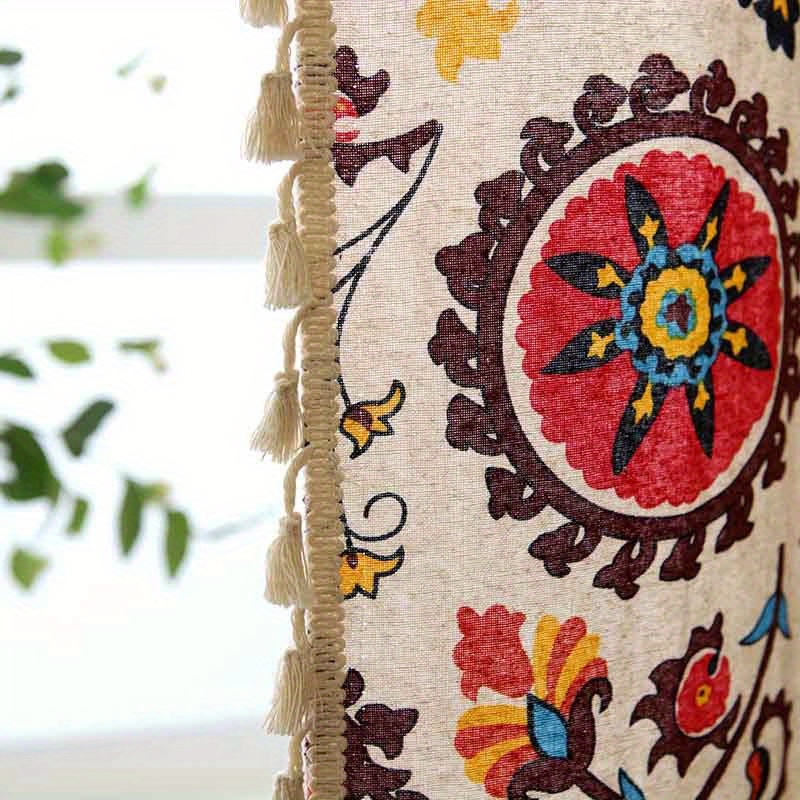 Image of Boho Semi-blackout Curtain Sunflower Beige Fringe Curtain Rod Pocket Curtain, Suitable For Living Room, Bedroom, Balcony - Rod Bag Top 1pc