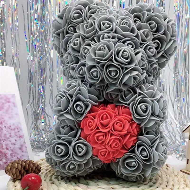 Image of 1pc 23cm/9.05in Tall Dark Series Simulated Foam Flower, Little Black Bear With Gray Red Heart, Handmade Halloween Home Decor Item