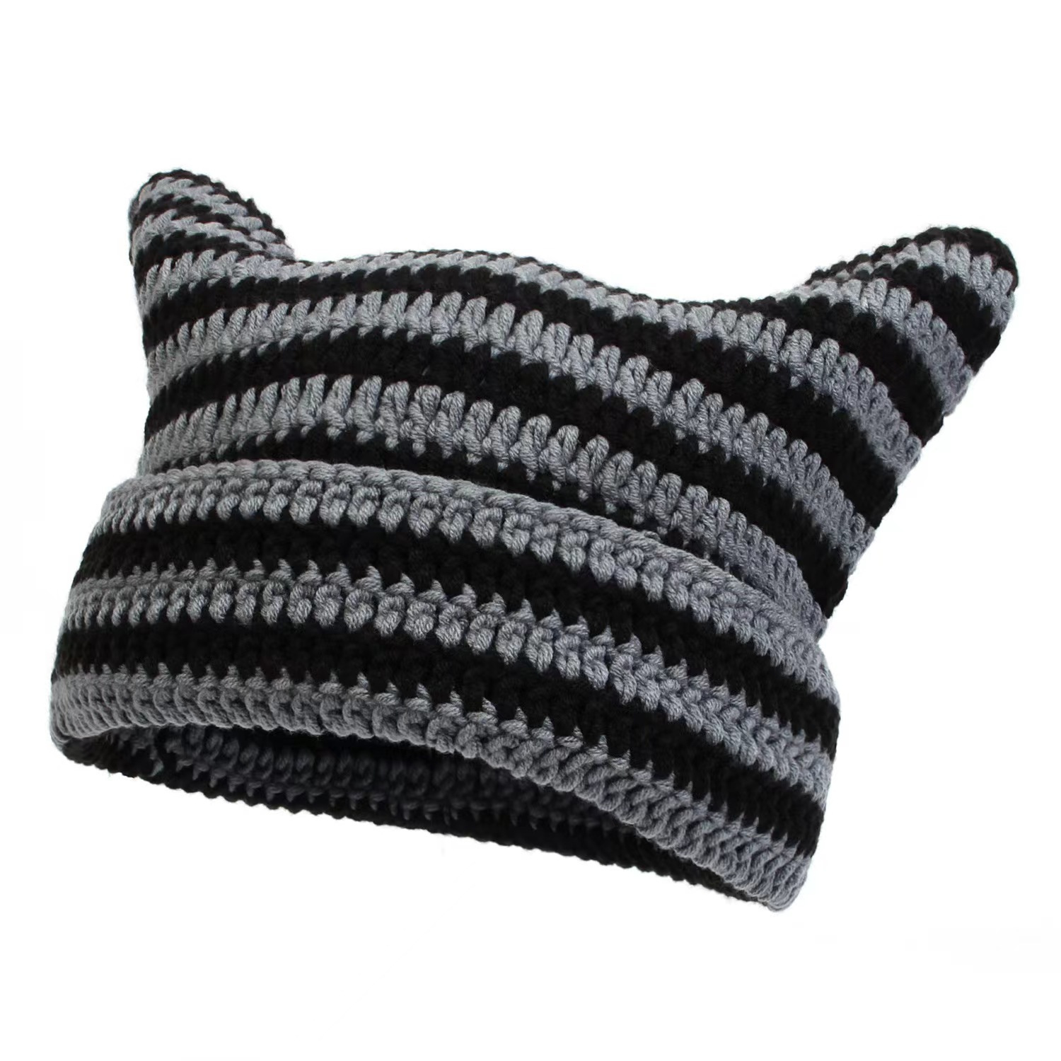 Women Winter Cat Ears Hats Soft Slouchy Striped Knit Beanie Hat