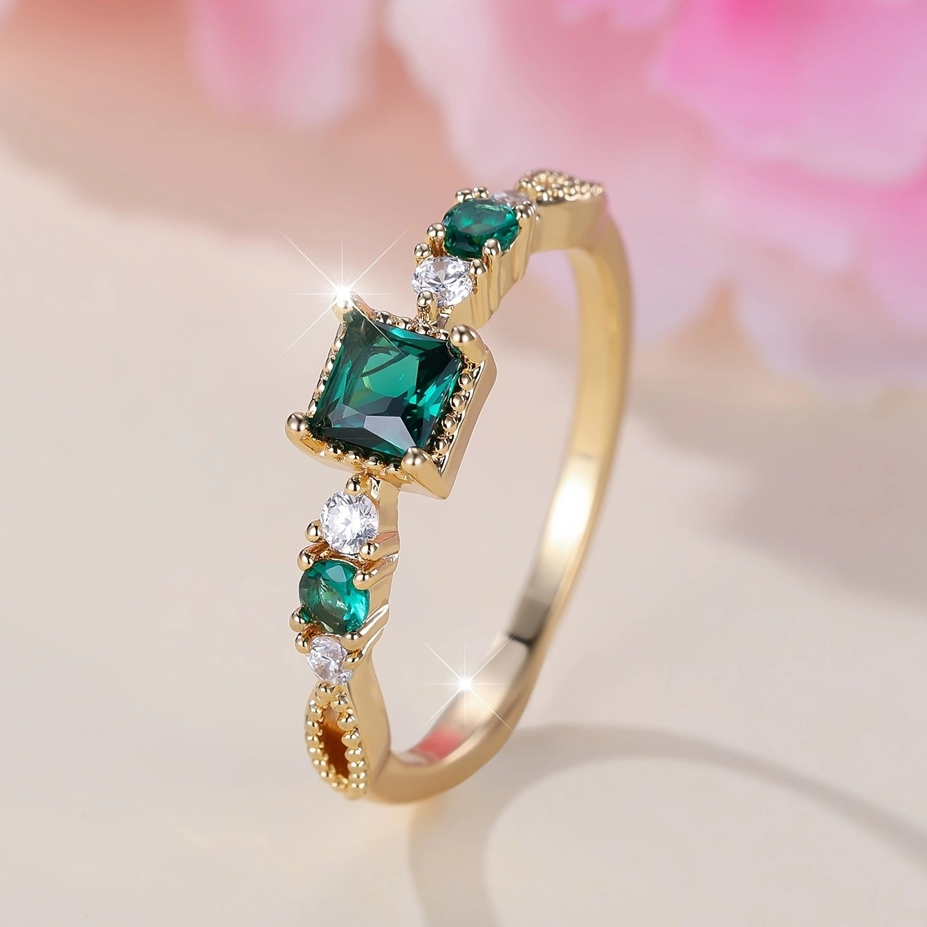 Image of Emerald Synthetic Zirconia Square Ring Light Luxury Ladies Fine Ring Court Style Fine Flash Jewelry Suitable For Banquet Wear Ring Bride Wedding Ring Engagement Party Ring