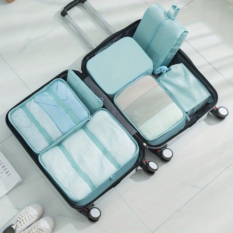 7 pcs Sac de rangement bagage voyage Organisateur valise voyage etanche  Sacoche pour vetement Voyage Ajourées Aération Bleu