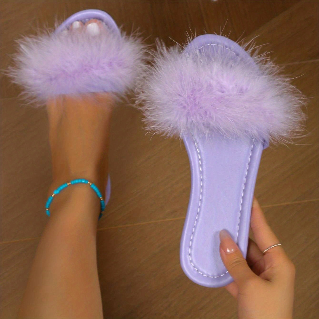 Women s Fluffy Faux Leather Trendy Slides Solid Color Flat