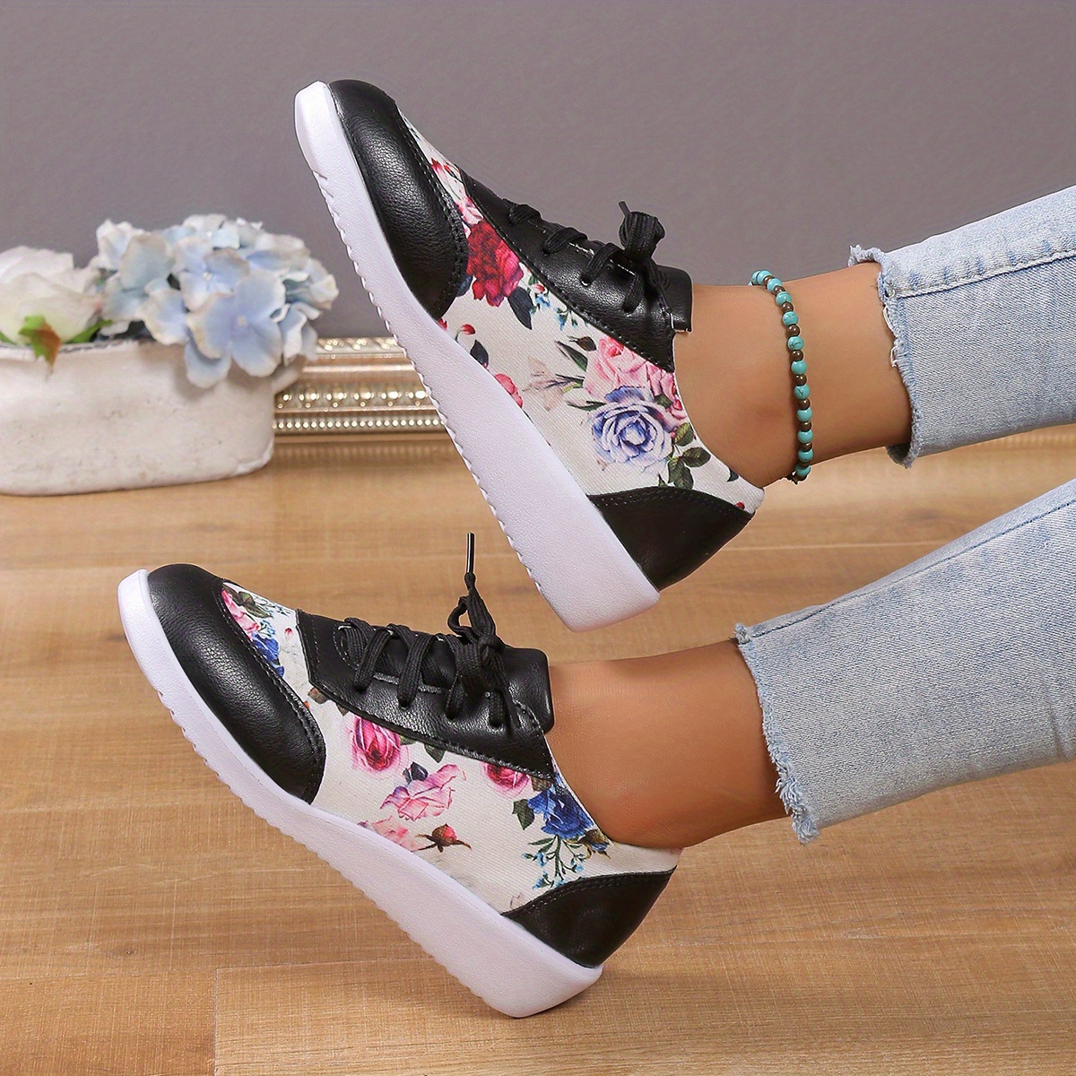 womens floral print sneakers lace up low top round toe non slip outdoor lightweight trainers casual versatile shoes details 10