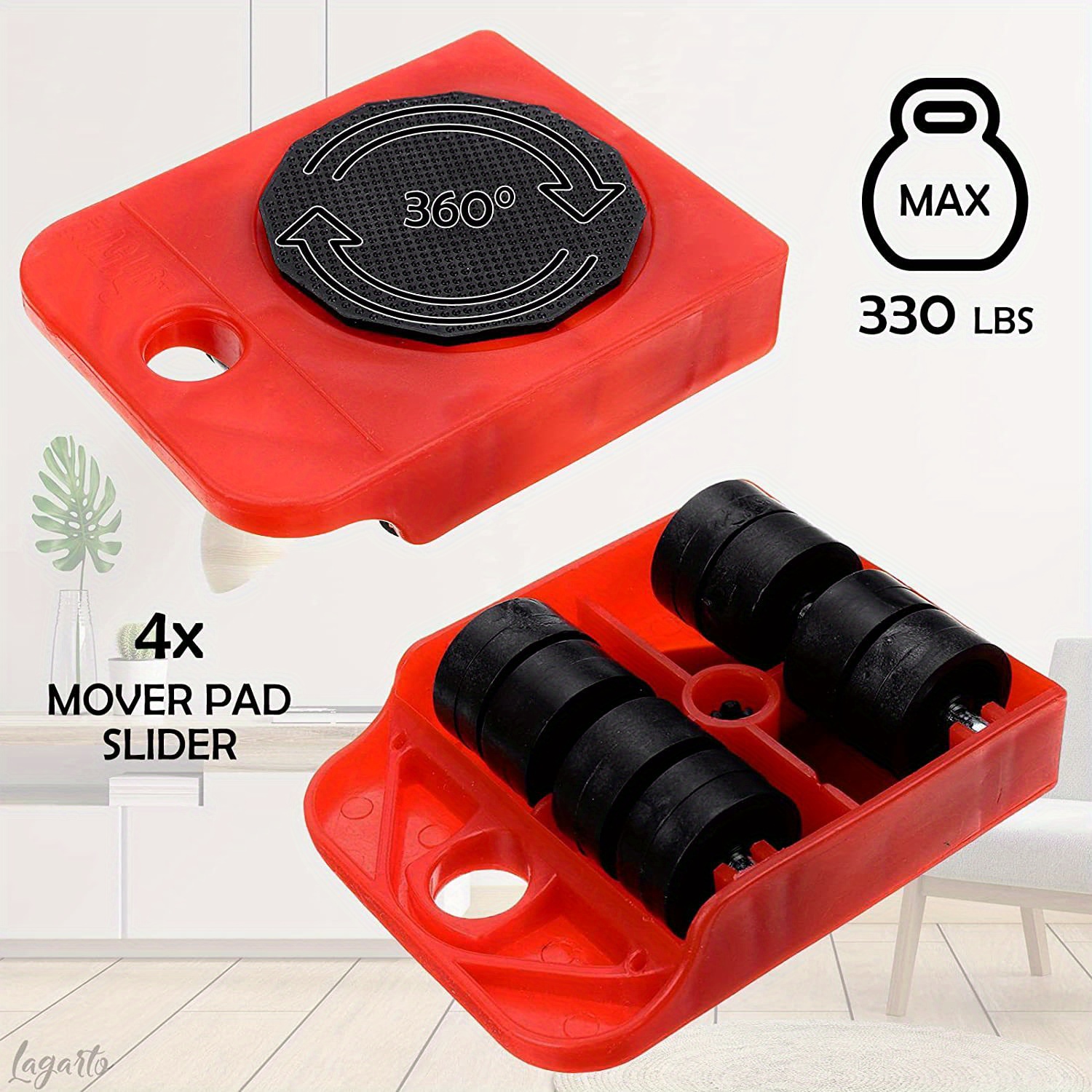 Furniture Lifter and 4 Pcs 3.9x3.15 Furniture Slides Kit, Furniture Move Roller Tools Max Up for 150KG/331LBS 360 Degree Rotatable Pads, Easily