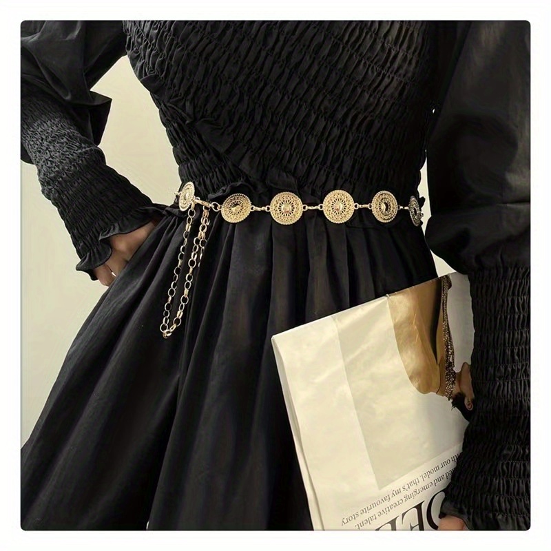 boho hollow waist chain round golden silvery metal belly  display picture 1