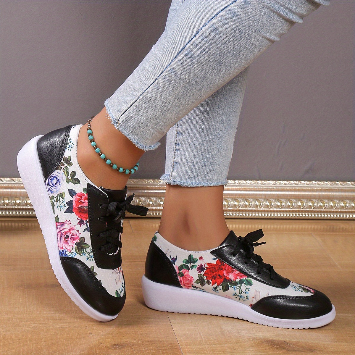 womens floral print sneakers lace up low top round toe non slip outdoor lightweight trainers casual versatile shoes details 1