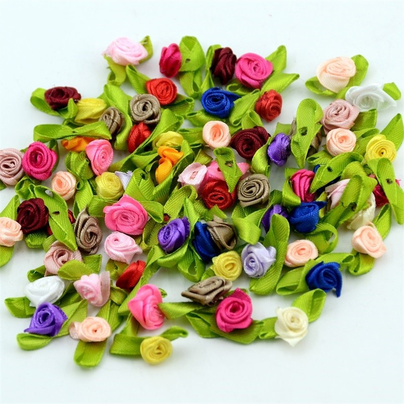 Mini Ribbon Roses Artificial Fabric Flowers With Green - Temu
