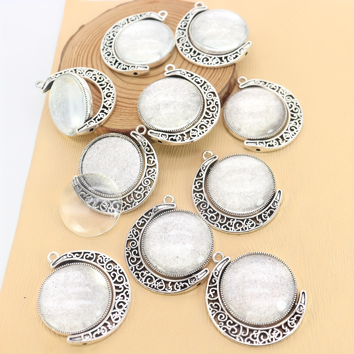 

10pcs Vintage Double-sided Lace Moon Rotating Bottom Holder Plus 20pcs Transparent Glass Dome Cover Sheets For Diy Necklace/keychain Jewelry Making