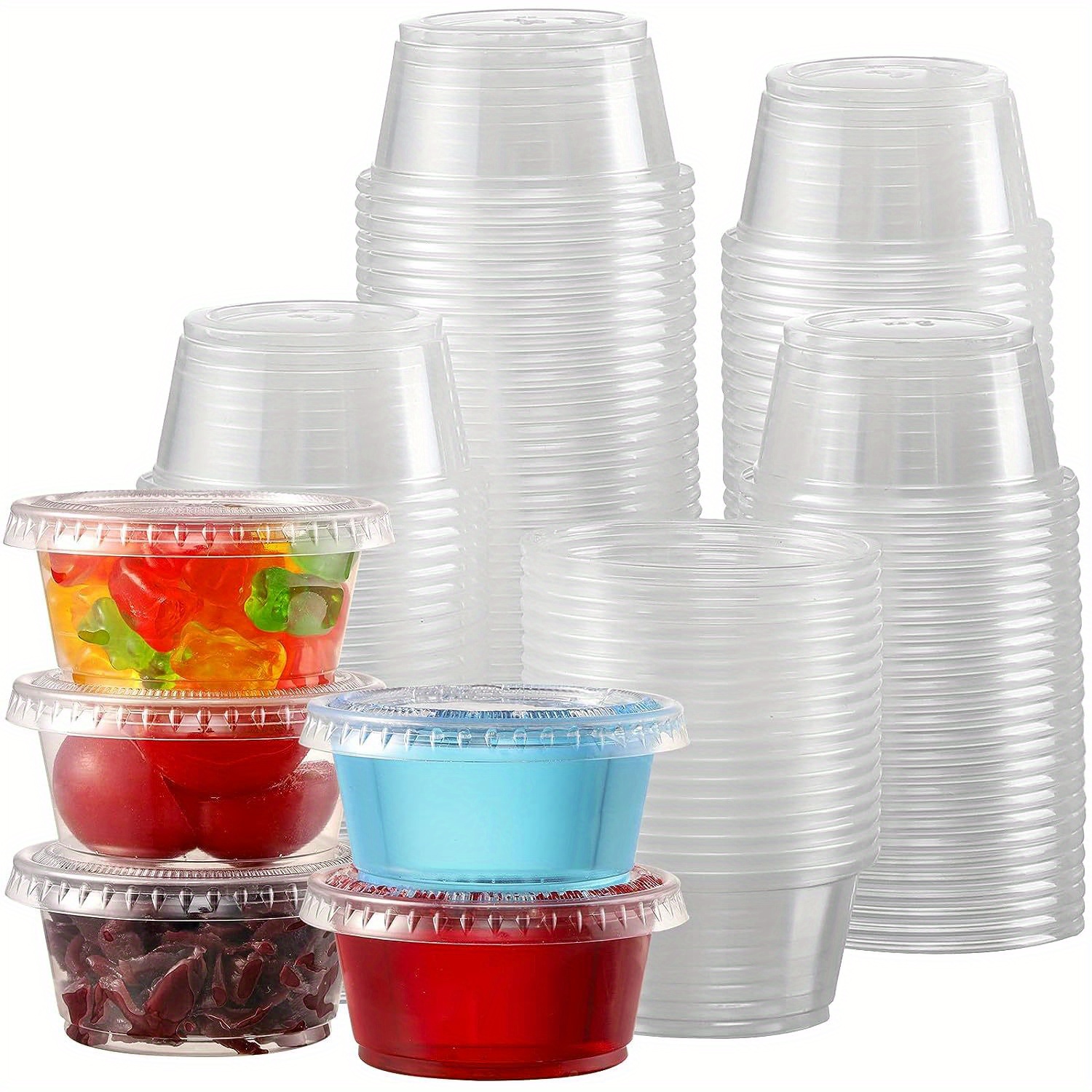 100 Sets - 2 oz. Small Plastic Condiment Containers with Lids, Jello Shot  Cups, Portion Cups with Lids, 2oz Dipping Sauce Cup, Salad Dressing  Container, Disposable Mini Plastic Souffle Cups Ramekins Clear 2 ounces