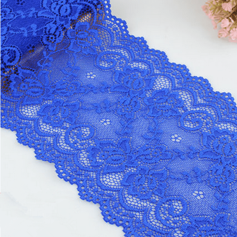 1m Blue gathered stretch elastic lace trim - Fabric Guild
