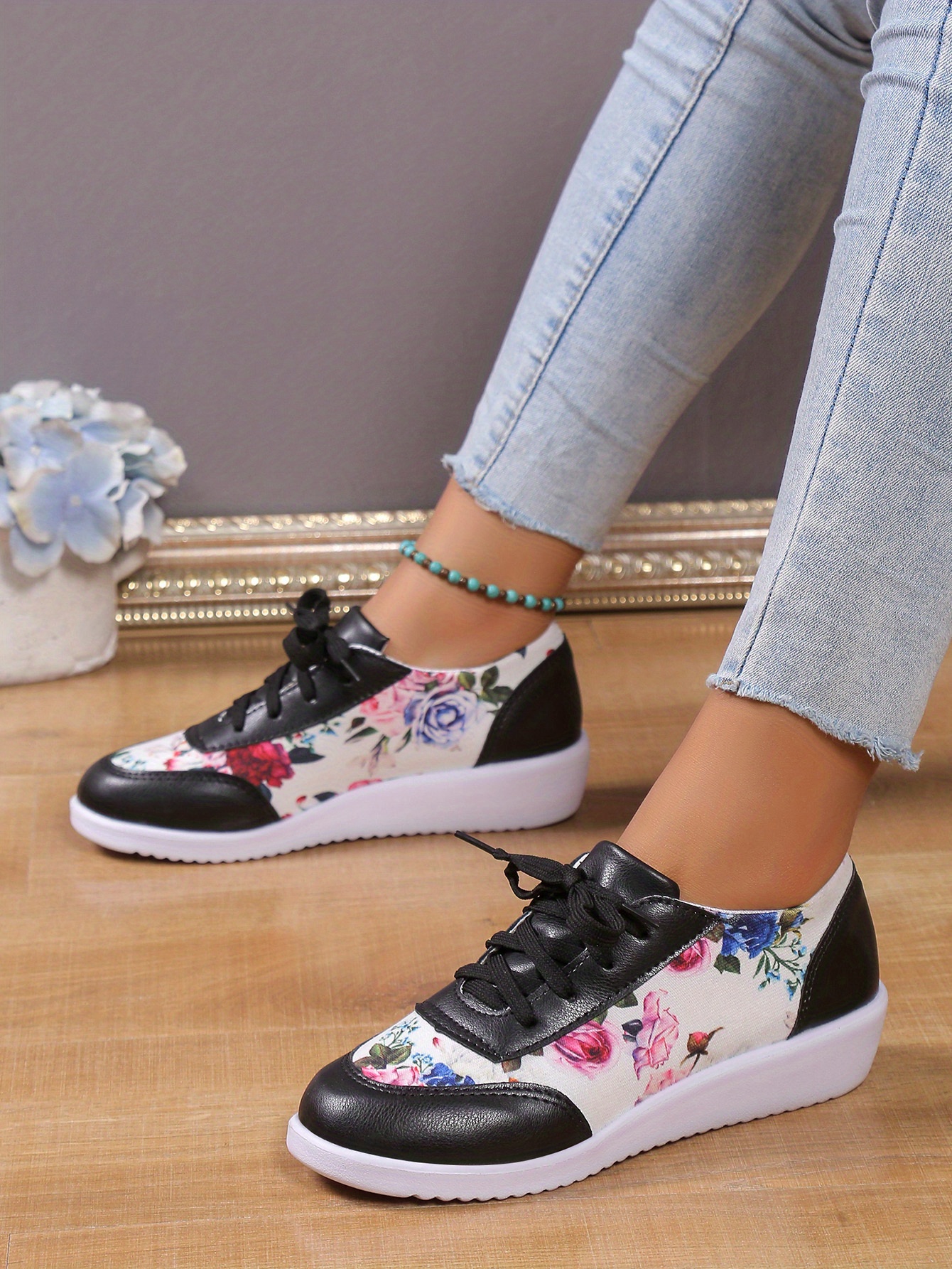 womens floral print sneakers lace up low top round toe non slip outdoor lightweight trainers casual versatile shoes details 7