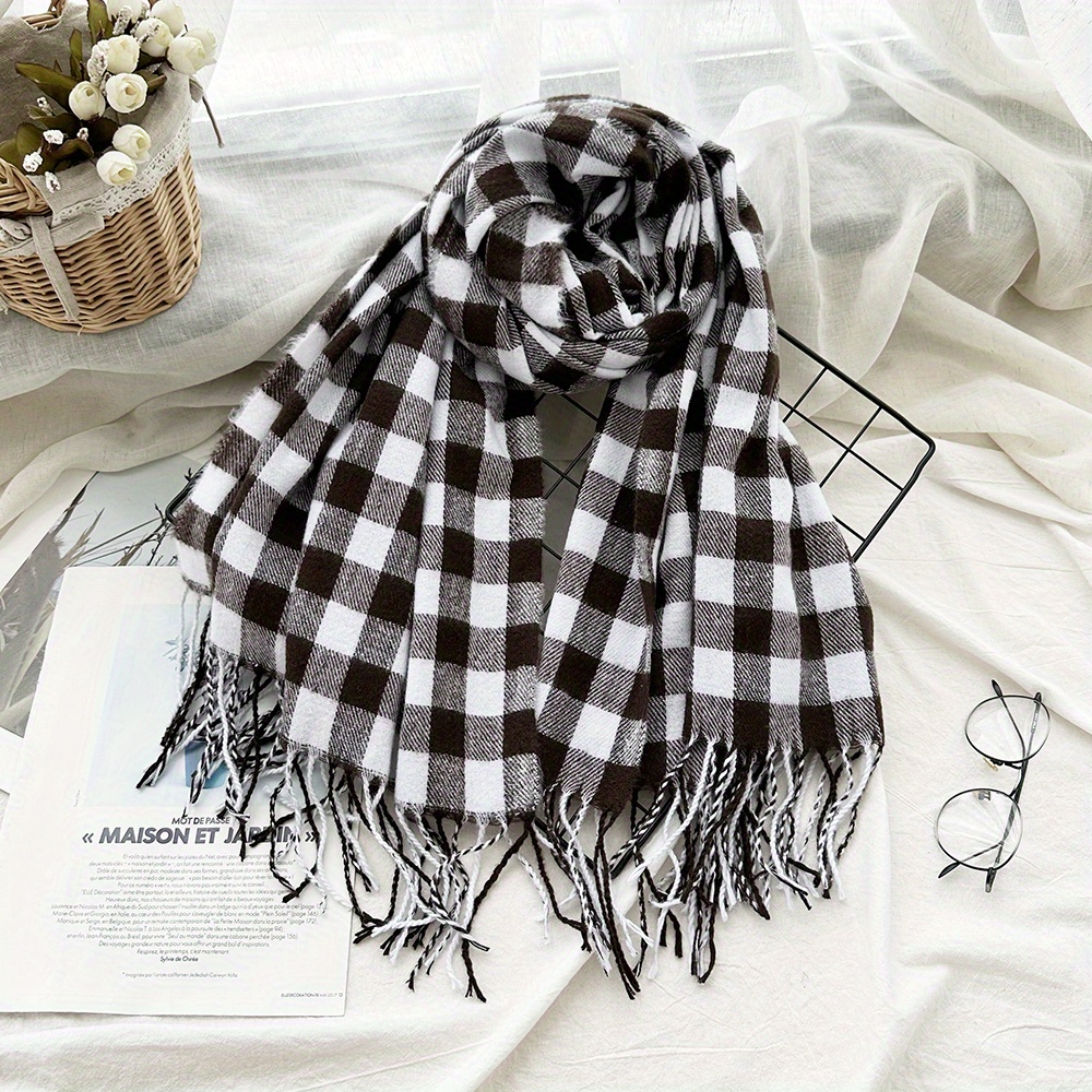 1pc Two-tone Plaid Thick Scarf With Tassels, Soft & Warm, Unisex